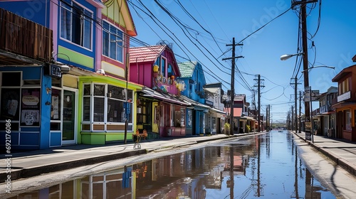 Colorful Streets Reflecting on Puddle Water in a Quiet, Sunny, Urban Neighborhood After Rain © SK
