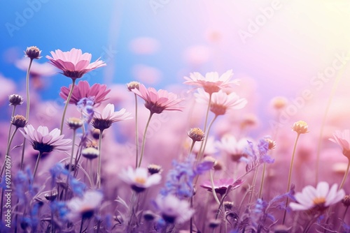 Beautiful wild flowers chamomile, purple and pink wild peas, sunlight morning haze in nature close-up macro. Landscape wide format