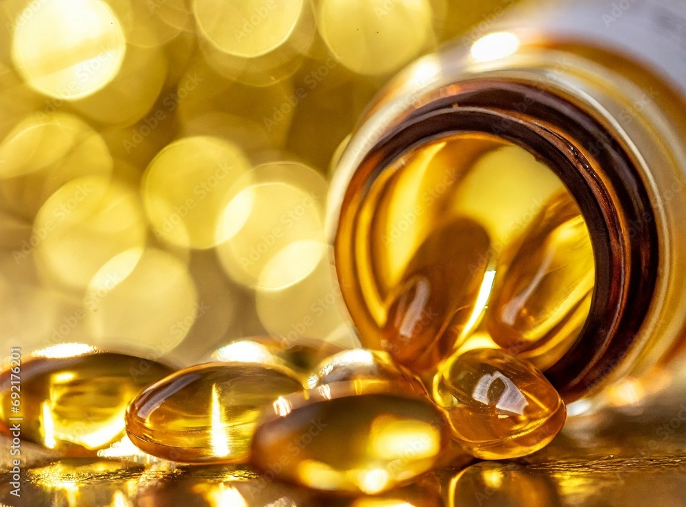 Vitamin D capsules tablets in sunshine, sunlight. Omega 3 fish oil capsules and a glass bottle, golden bokeh web banner background. Vitamin D capsules tablets in sunshine, sunlight. Omega 3 fish oil capsules and a glass bottle, golden bokeh web banner background.