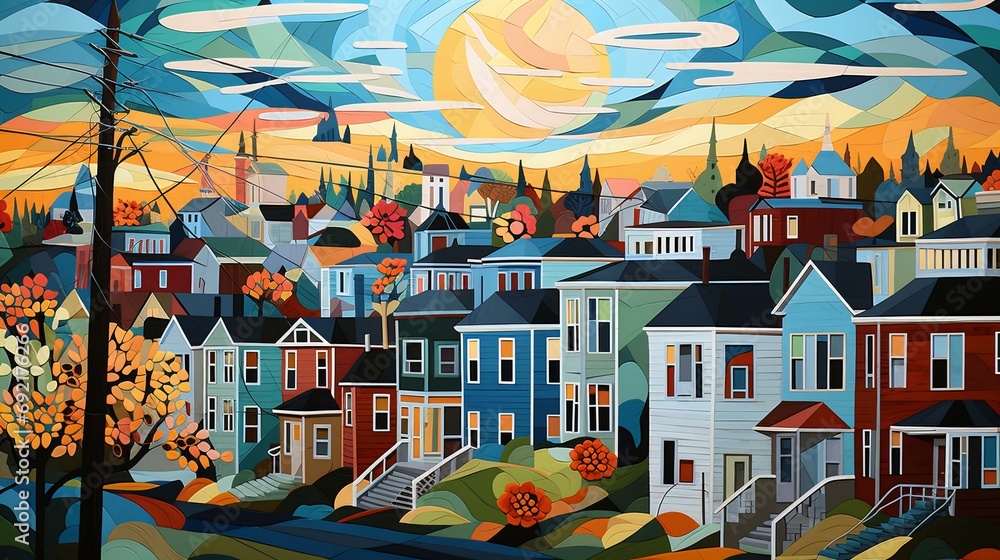 Stylized Artistic Depiction of a Quaint Town at Sunset with Vibrant Houses and Rolling Hills