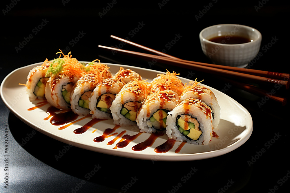 Harmony of Sushi: Spectacular vegetarian sushi rolls with soy sauce, artfully presented with professional food photography. The restaurant's presentation exemplifies mouth-watering perfection. Harmony of Sushi: Spectacular vegetarian sushi rolls with soy sauce, artfully presented with professional food photography. The restaurant's presentation exemplifies mouth-watering perfection.