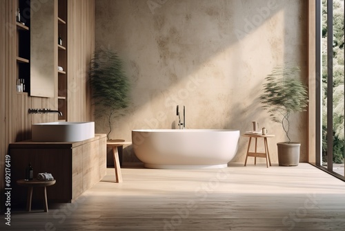 Hotel villa stylish bathroom in a country house interior and bathtub  eco-friendly materials in the design