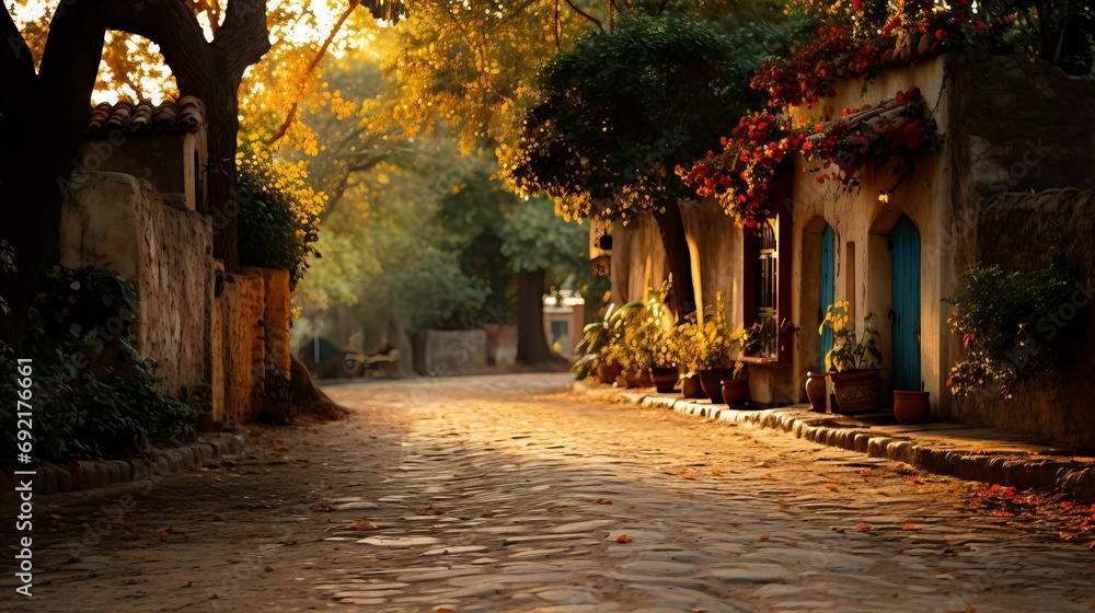 Autumn Glow on Cobblestone Street Lined with Colorful Flowers and Rustic Charm