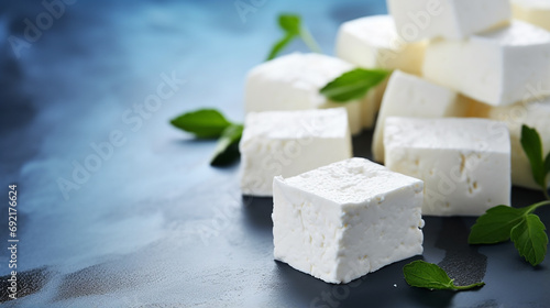 Cubes of feta cheese with mint leaves on a blue background