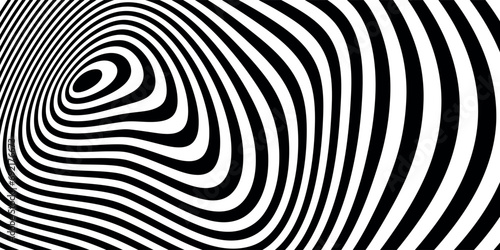Twisting Whirl Motion and 3D Illusion in Abstract Op Art Striped Lines Pattern. Vector Illustration.