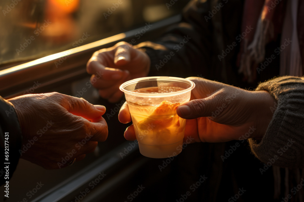 A pair of hands reaching for a cup of hot soup from a mobile food van, reflecting the vital role of outreach programs in combating hunger. Generative Ai.