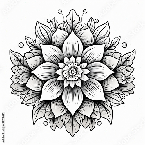Black and white line art drawing of a mandala ready for color.