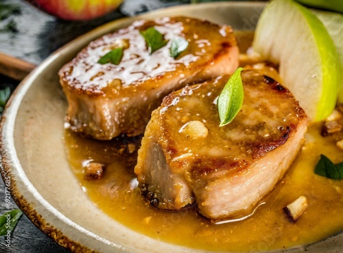 pan-seared pork chops wearing apple sauce sheen under a spotlight photo