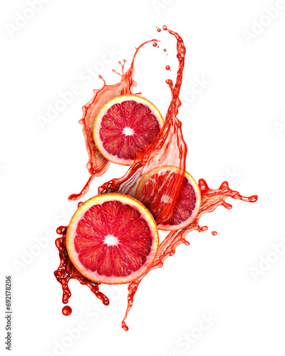 Red orange with splashing juice isolated on white photo