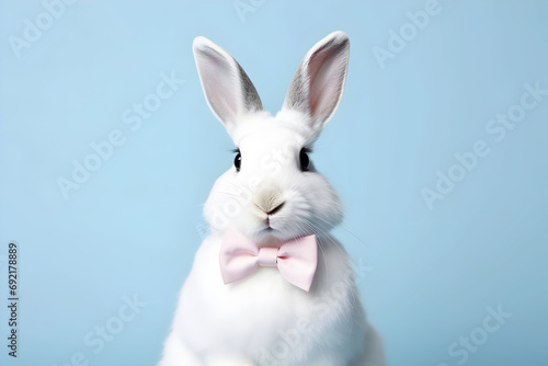 a white rabbit in a bow tie on a blue background, easter, magic © lena
