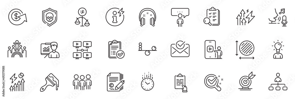 Icons pack as Group, Inclusion and Presentation line icons for app include Dollar exchange, Brush, Headphones outline thin icon web set. Approved report, Video conference. Group outline sign. Vector - obrazy, fototapety, plakaty 