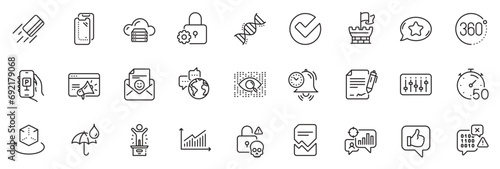 Icons pack as Smartphone glass  Artificial intelligence and Seo marketing line icons for app include Signing document  Lock  Verify outline thin icon web set. Waterproof umbrella. Vector