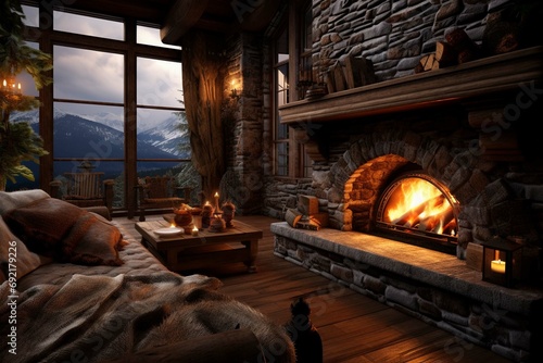 Rustic home interior with cozy fireplace