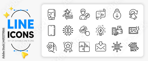 Graph chart, Phone and Change money line icons set for app include International globe, Inspiration, Water cooler outline thin icon. Rotation gesture, Scroll down. Yellow 3d stars with cursor. Vector