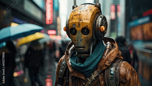 Android in an outfit walking through the rain in the city.