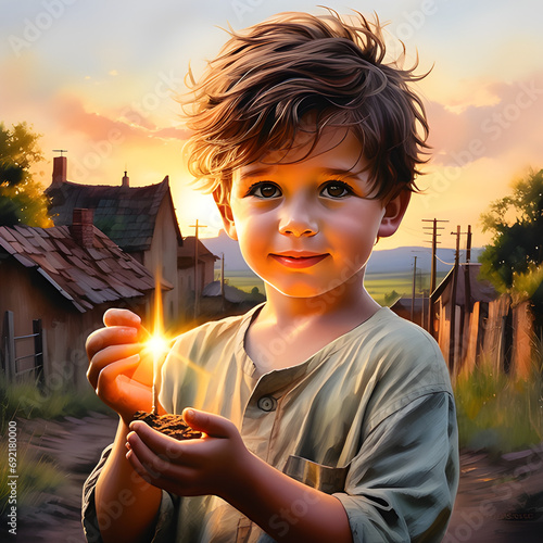 Little boy's hopeful gaze as he lights a candle, symbolizing aspirations and optimism for the future ahead © Ashika