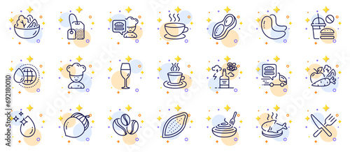 Outline set of Wineglass, Chef and Fish dish line icons for web app. Include Cappuccino, Alcohol addiction, Pasta dish pictogram icons. Peanut, Coffee-berry beans, Food delivery signs. Vector