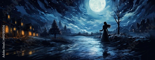 Painting of a beautiful woman splashing in water at night.