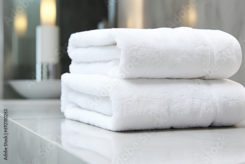 Stack of white folded towels on table