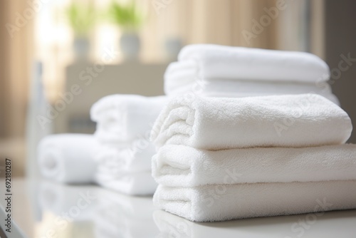 Stack of white folded towels on table