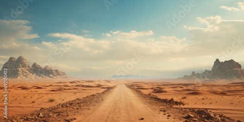Dirt road in the great desert with beautiful sky and sand
