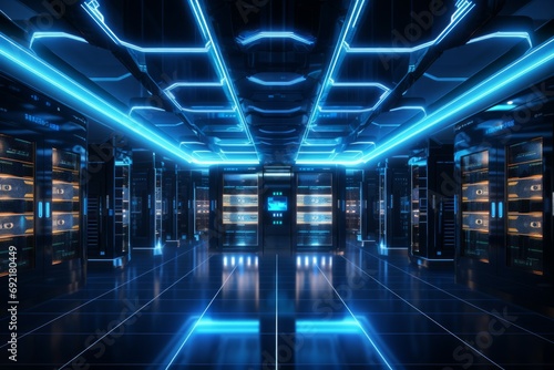 Shot of Data Center With Multiple Rows of Fully Operational Server Racks. Modern Telecommunications, Artificial Intelligence, Supercomputer Technology Concept. Shot in Dark with Neon Blue, Pink Lights photo