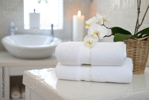 Stack of white folded towels with flowers photo