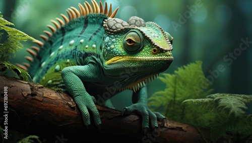 a green chameleon is standing in the forest