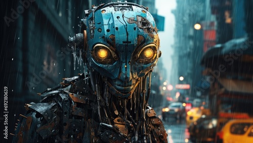 Blue friendly robot with gears walking trough futuristic city in the rain.