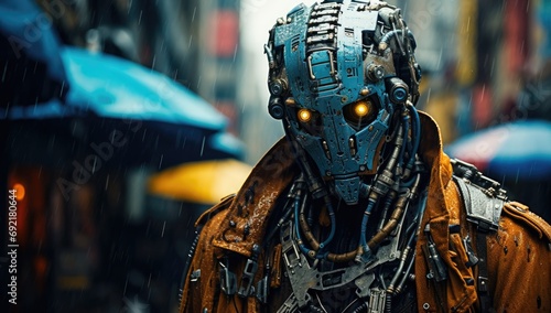 Blue robot with gears walking trough futuristic city in the rain.