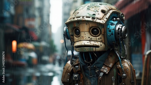 Sad robot with gears walking trough futuristic city in the rain.