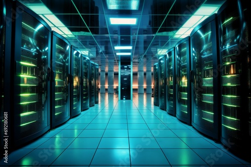 Shot of Data Center With Multiple Rows of Fully Operational Server Racks. Modern Telecommunications  Artificial Intelligence  Supercomputer Technology Concept. Shot in Dark with Neon Blue  Pink Lights