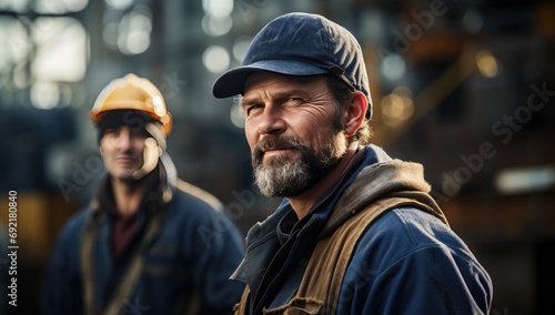 Constuction worker in safety helmet smiling while another worker is in the background