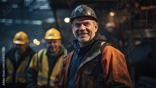 Constuction worker in safety helmet smiling while another worker is in the background © Photo And Art Panda