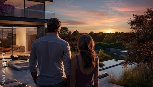 Young couple looking at a newly purchased modern home in a backyard