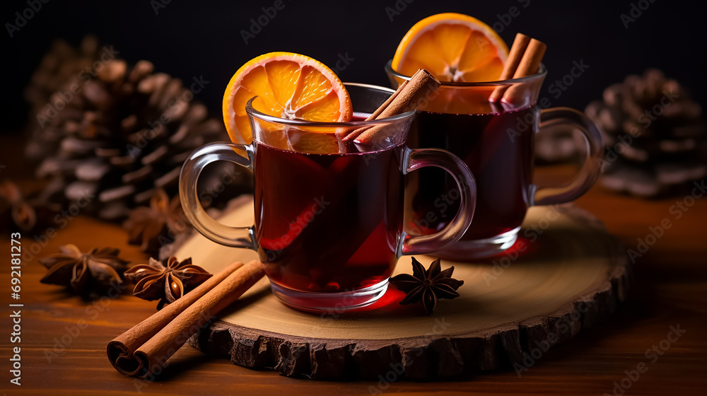 Christmas glass of mulled wine decorated with a cinnamon stick, orange and star anise on a dark background. Christmas glass of mulled wine decorated with a cinnamon stick, orange and star anise on a dark background.