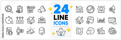 Icons set of Check investment, World medicine and Notification line icons pack for app with Timer, Cogwheel, Biotin vitamin thin outline icon. Evaporation, Sunny weather. Design with 3d stars. Vector