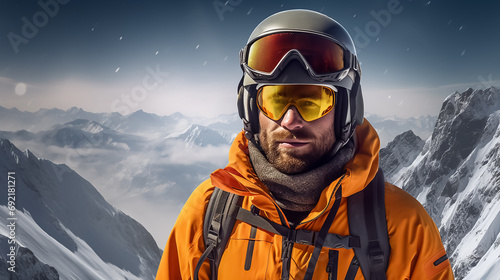 Professional skier man against the backdrop of a mountain winter snowy landscape. Close-up shot.