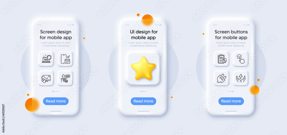 Fake internet, Checkbox and Phone calendar line icons pack. 3d phone mockups with star. Glass smartphone screen. Electric plug, Safe energy, Bid offer web icon. Vector Fake internet, Checkbox and Phone calendar line icons pack. 3d phone mockups with star. Glass smartphone screen. Electric plug, Safe energy, Bid offer web icon. Vector