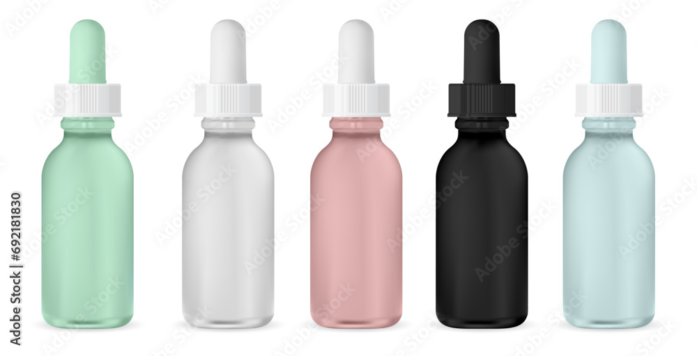 Pipette dropper bottle. Glass container for cosmetic serum. Transparent essential oil flask. Anti-aging collagen treatment, woman product set, vector illustration. Clear naturopathic essence vial Pipette dropper bottle. Glass container for cosmetic serum. Transparent essential oil flask. Anti-aging collagen treatment, woman product set, vector illustration. Clear naturopathic essence vial