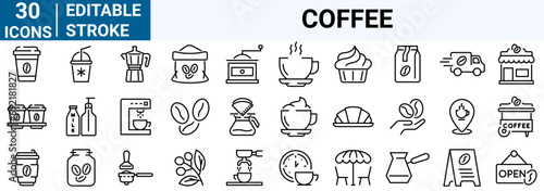 set of 30 line web icons coffee. Icoffee maker machine, beans, Espresso cup. Collection of Outline Icons. Vector illustration.