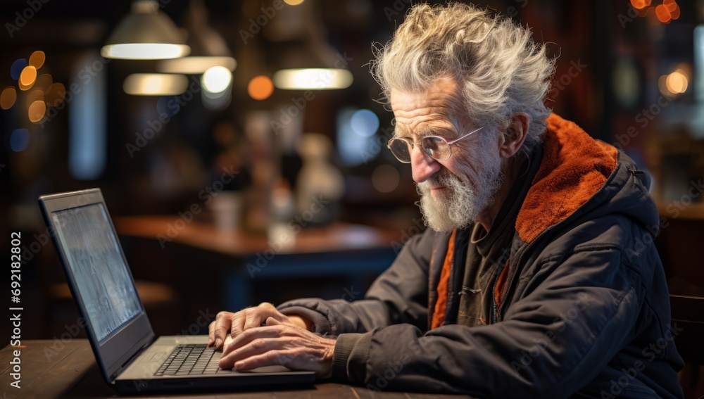Tech-savvy Senior: Grandfather Man Utilizing Laptop at the Table Tech-savvy Senior: Grandfather Man Utilizing Laptop at the Table
