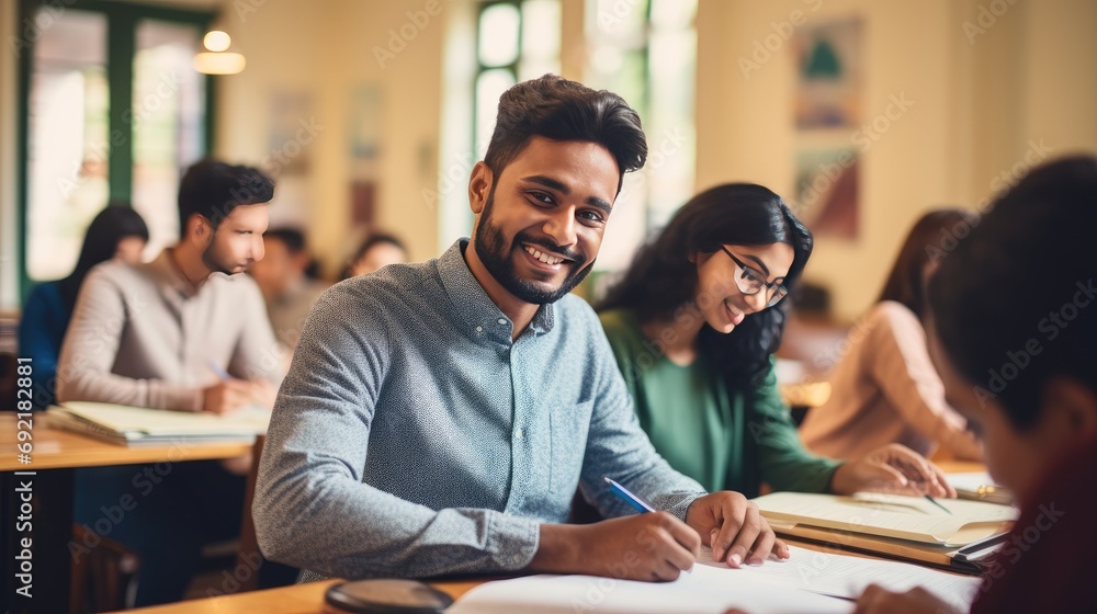 Handsome Indian Student Taking a Course in an International Adult Education Center. South Asian Man Writing Down Notes in Notebook. Generative AI - obrazy, fototapety, plakaty 