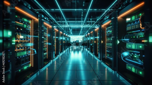 Modern Data Technology Center Server Racks Working in Dark Facility. Information Storage Facility. Generative AI