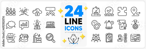 Icons set of Chat message, Puzzle and Analytics line icons pack for app with Cyber attack, Manual doc, Journey thin outline icon. Equality, Time management, Analytical chat pictogram. Vector