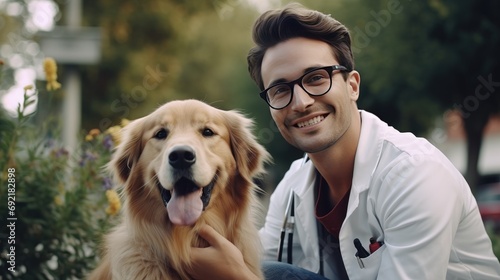 Smiling And Happy Young Veterinarian Petting a Noble Healthy Golden Retriever Pet . Handsome Man Looking at Camera and Smiling Together with the Dog. Generative AI