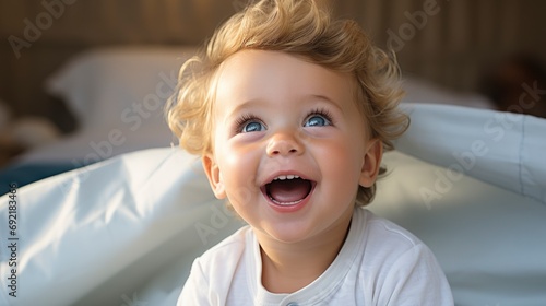 Close Portrait Laughing Blueeyed Newborn Baby, Background HD For Designer         photo