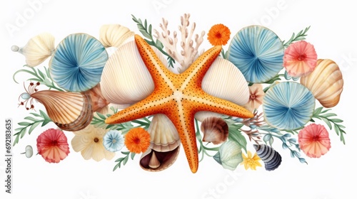 Sea stones, shells and starfish background.