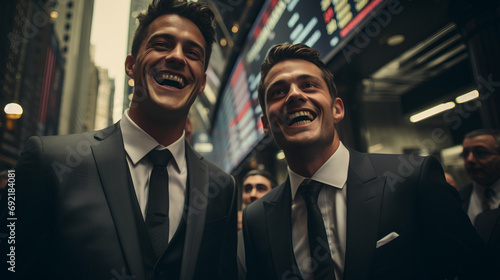 Two smiling Stockbrokers - Wall Street - Dow Jones Stock exchange - low angle shot - well dressed - screens on the walls  photo