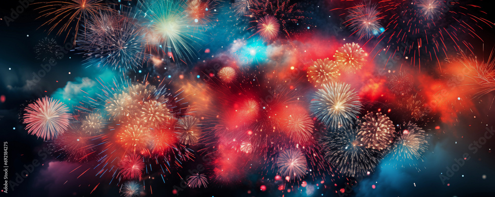 Fototapeta premium Firework explosion in the night sky celebrating happy new year created by ai